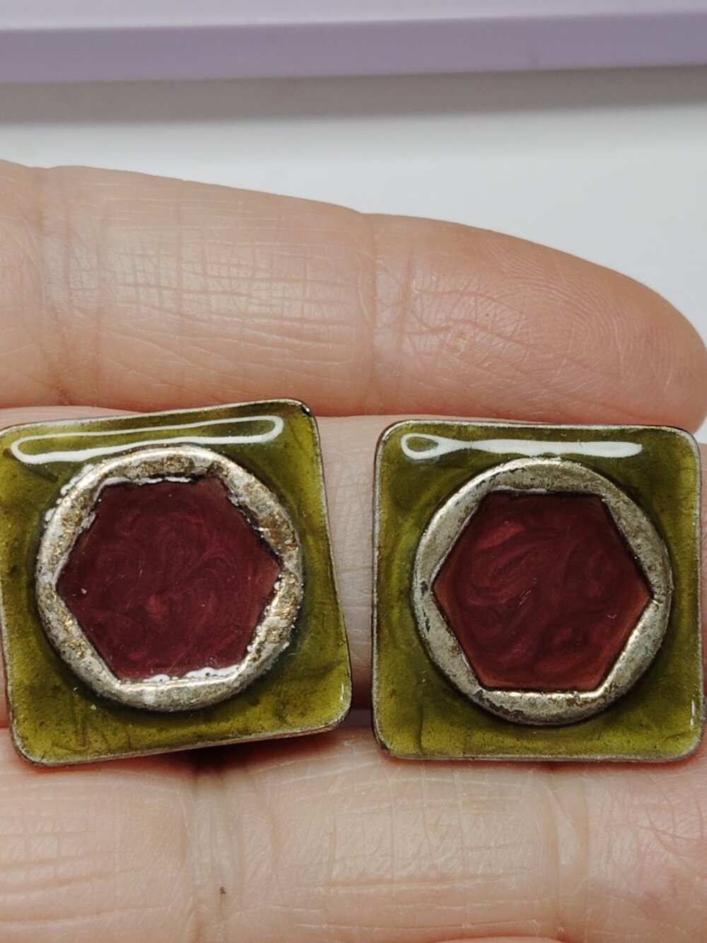 Vintage GoldโTone Square ClipโOn Earrings with Green & Plum Enamel โ 1"